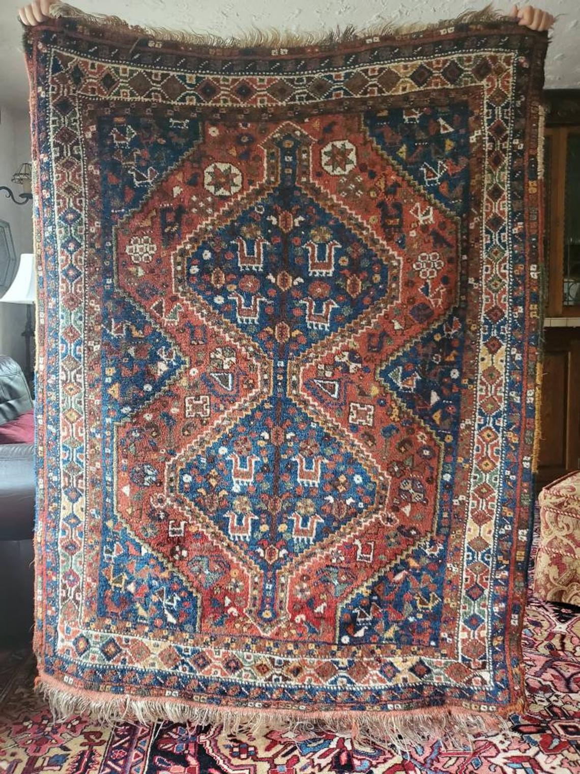 SOLD Antique Shiraz Khamseh Bird rug, 47